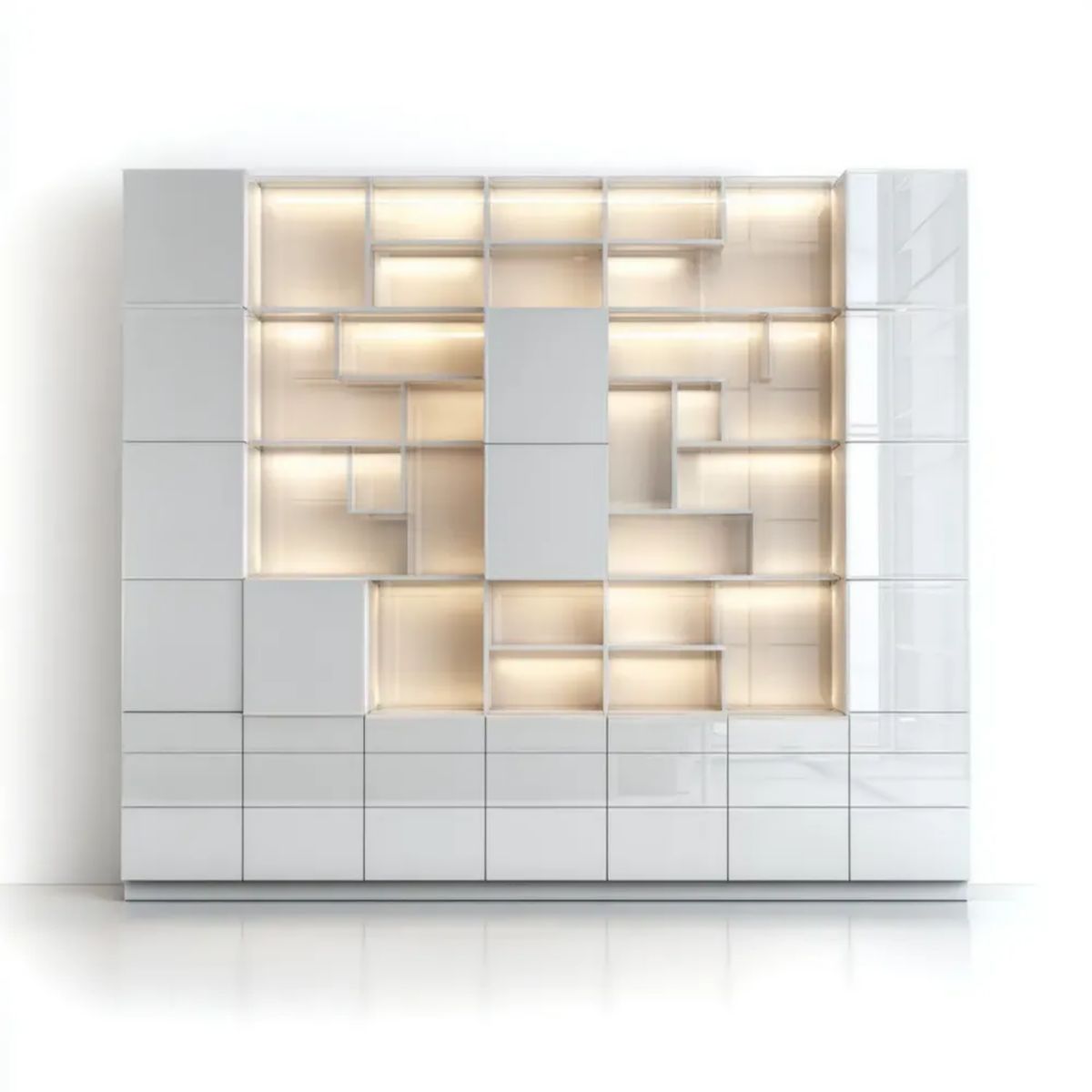 Biały modułowy zestaw mebli ściennych z półkami LED, MDF, 300 x 40 x 240 cm