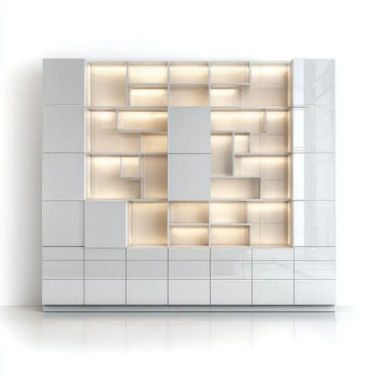 Biały modułowy zestaw mebli ściennych z półkami LED, MDF, 300 x 40 x 240 cm