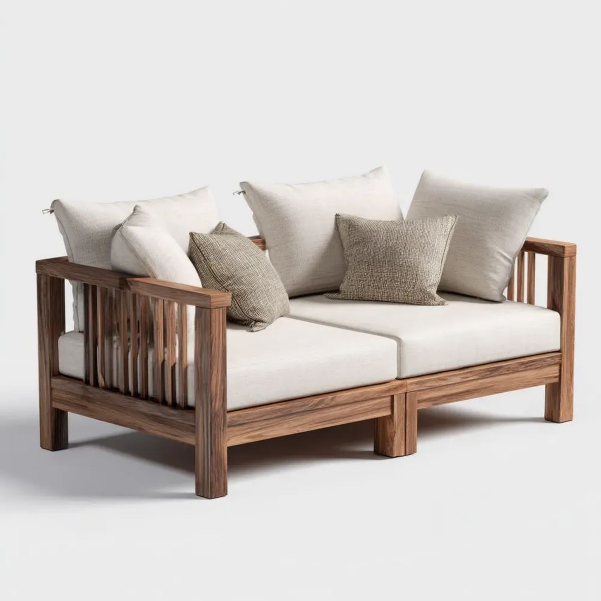 2-osobowa sofa ogrodowa z litego drewna akacjowego, brązowa z kremowymi poduszkami, 150 x 78 x 75 cm