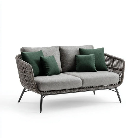 Dwuosobowa sofa ogrodowa z plecionki PE i stali, szara z ciemnozielonymi poduszkami, 160 x 78 x 78 cm