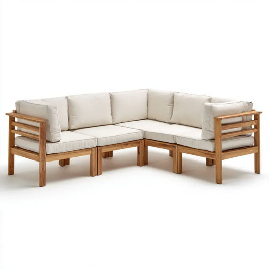 2-częściowa ogrodowa sofa narożna z drewna w kształcie L, beżowo-brązowa, 160 x 160 x 70 cm