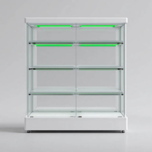 Szklana witryna ekspozycyjna z oświetleniem LED, aluminiowa, biała, 120 × 60 × 190 cm