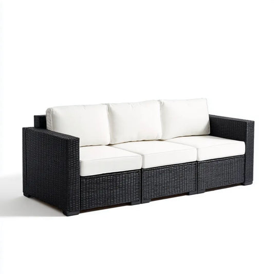 3-osobowa sofa ogrodowa z technorattanu, czarno-kremowa, 200 × 70 × 70 cm
