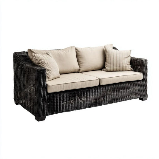 Dwuosobowa sofa ogrodowa z technorattanu czarna z beżowymi poduszkami, 180 × 85 × 85 cm