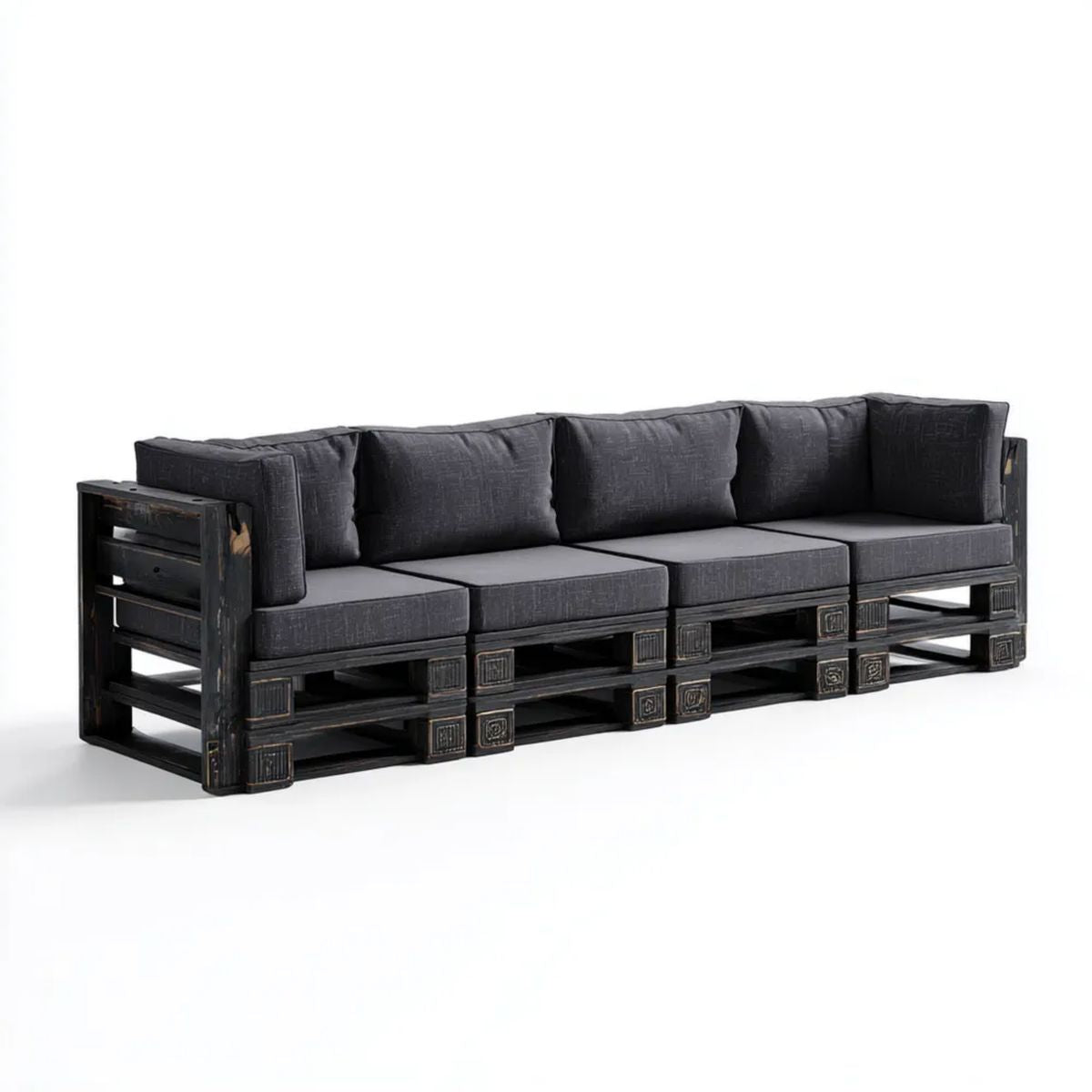 4-osobowa sofa ogrodowa z drewna czarna z antracytowymi poduszkami, 320 x 80 x 75 cm