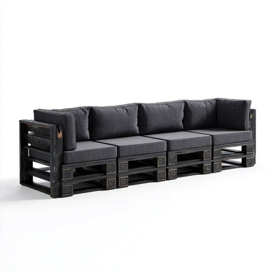 4-osobowa sofa ogrodowa z drewna czarna z antracytowymi poduszkami, 320 x 80 x 75 cm