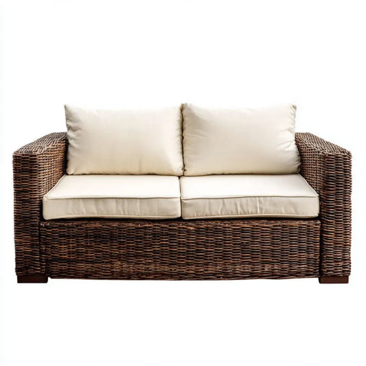 Dwuosobowa sofa ogrodowa z rattanu brązowa z kremowymi poduszkami, 130 x 75 x 85 cm