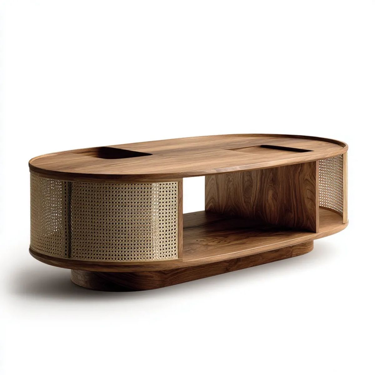 Owalny stolik kawowy z MDF, fornirem orzechowym i rattanem, 120 × 60 × 42 cm