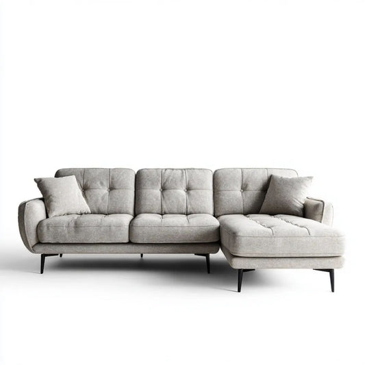 Jasnoszara sofa narożna L z prawostronnym szezlongiem, tapicerką poliestrową i metalowymi nogami, 260 x 160 x 85 cm