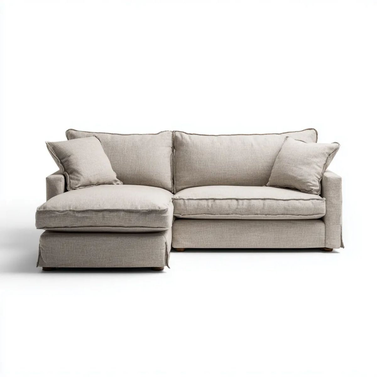 Beżowa sofa narożna z lewym szezlongiem, tapicerka poliestrowa, 240 × 160 × 88 cm