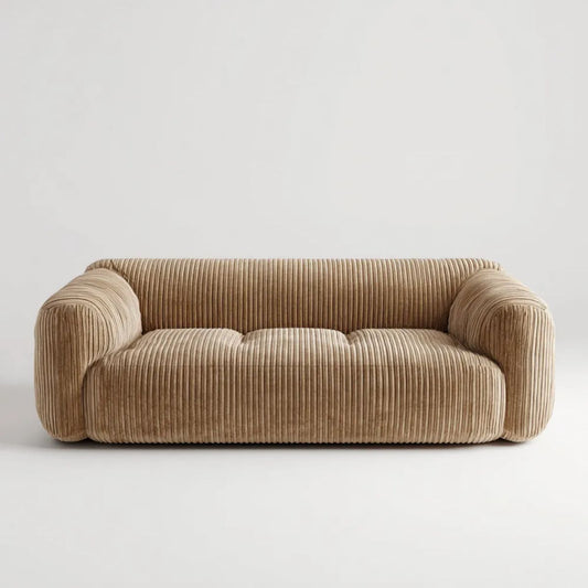 Dwuosobowa sofa ze sztruksu, beżowa, 180 × 95 × 75 cm, zaokrąglona forma