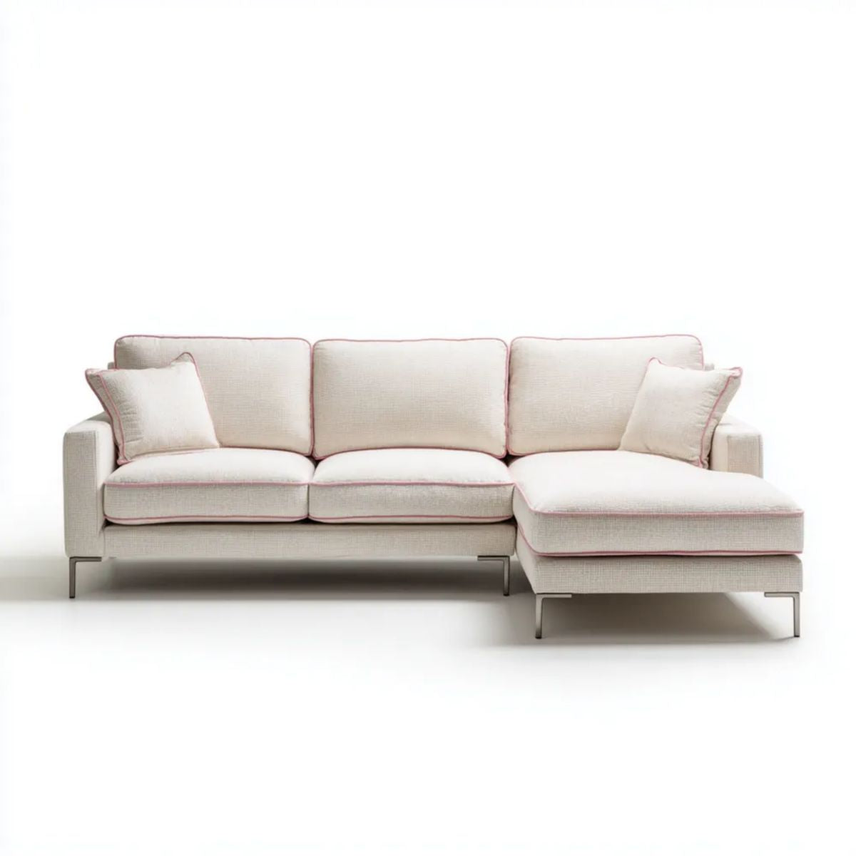 Prawostronna sofa narożna kremowo-różowa z tapicerką poliestrową 280 × 165 × 85 cm