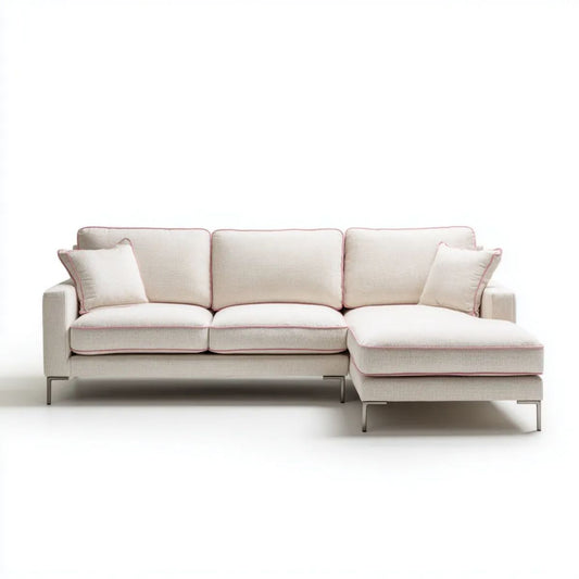 Prawostronna sofa narożna kremowo-różowa z tapicerką poliestrową 280 × 165 × 85 cm