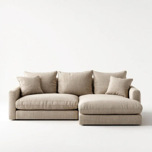 Beżowa sofa narożna w kształcie L z tapicerką poliestrową, 260 × 160 × 85 cm