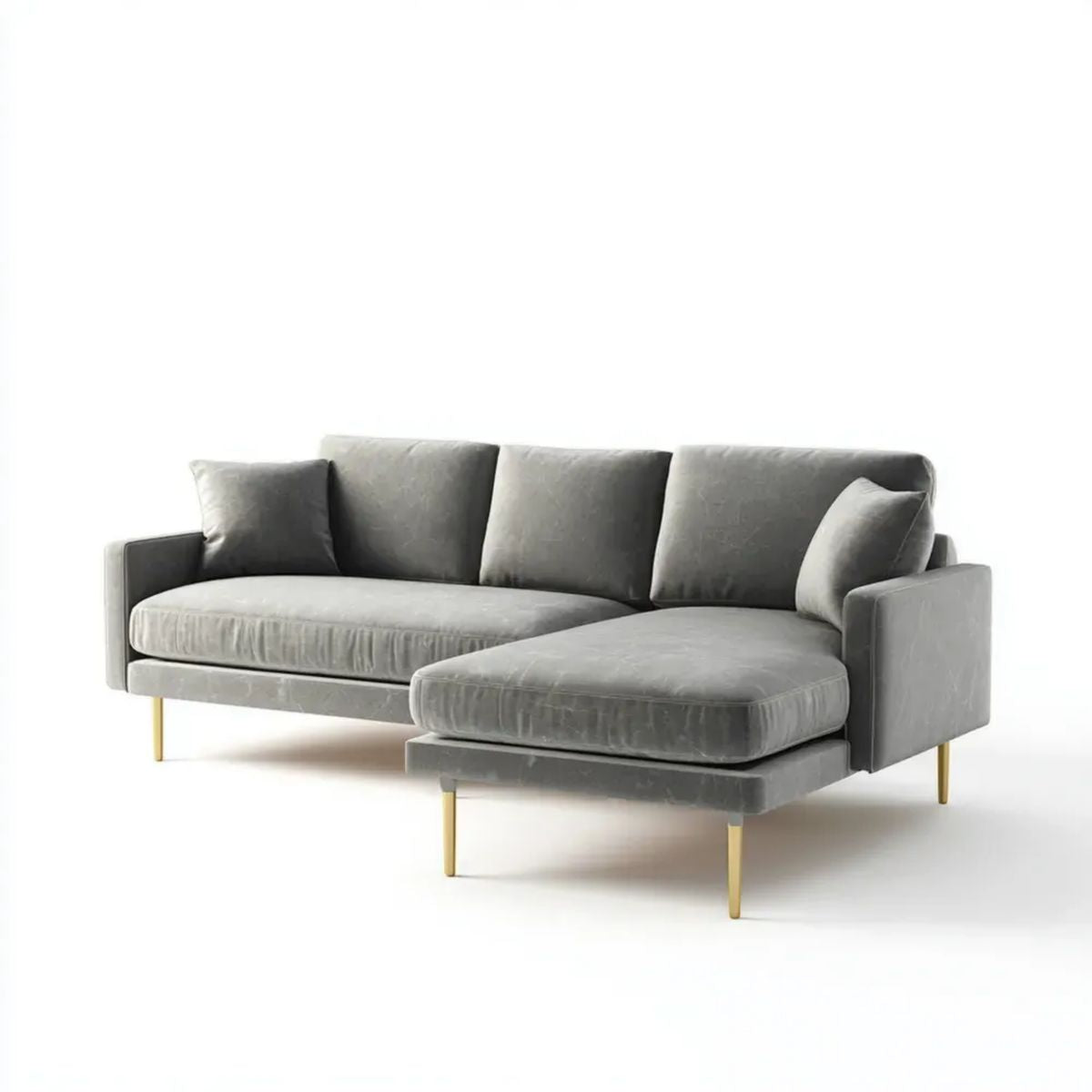 Szara sofa narożna w kształcie L z welurową tapicerką i złotymi nogami, 250 x 160 x 85 cm
